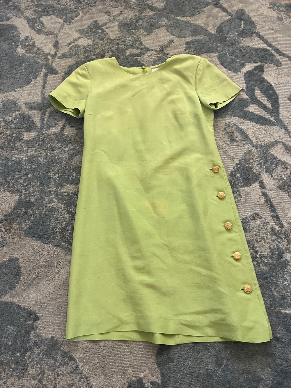 Silk-Sleeve Dress in Lime Green with Side Button Detail